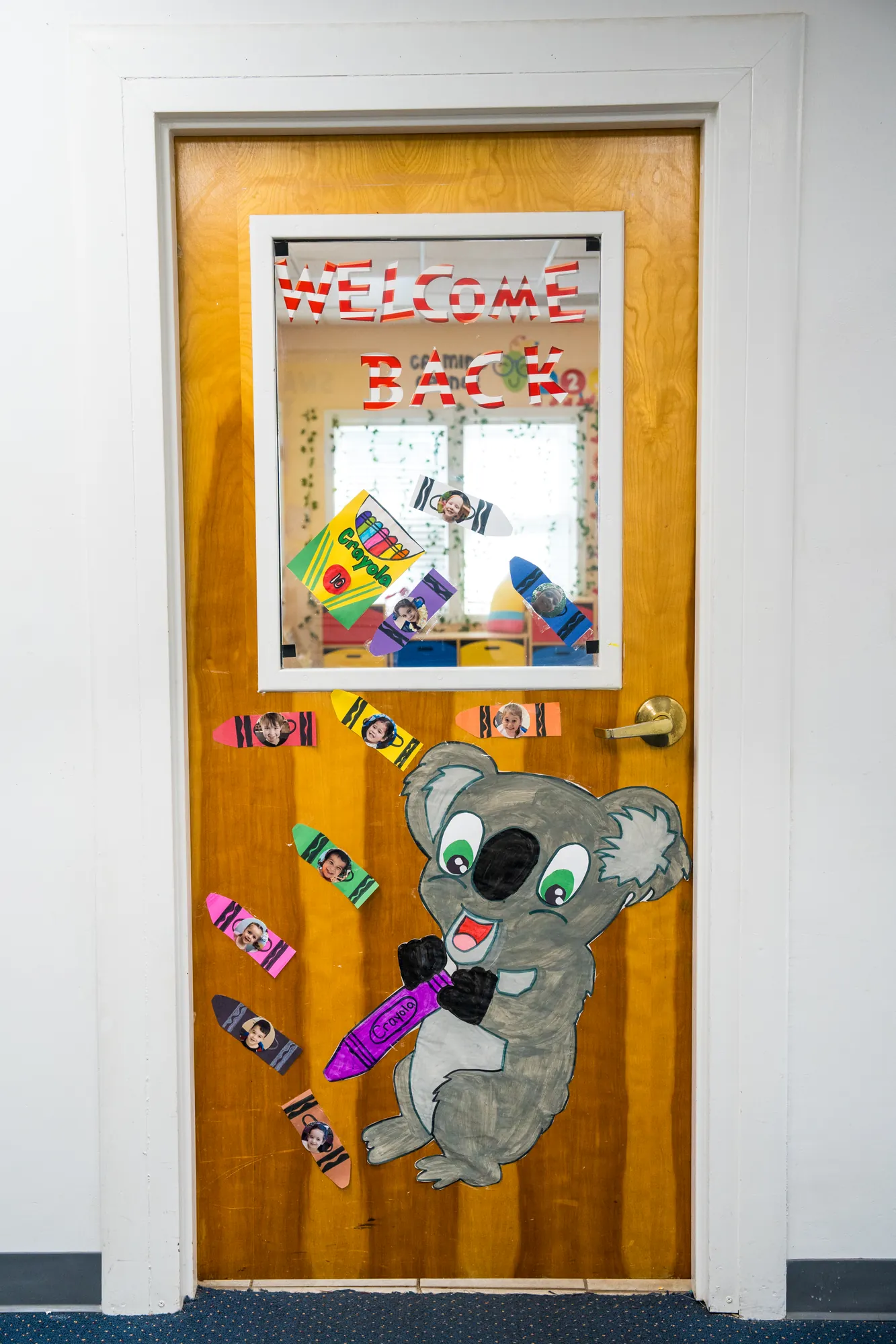 The Pre-K classroom door with a hand-made koala decoration